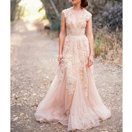 Charming Blush Pink Lace Sexy V-neck Long Sheath Tulle Wedding Party Dresses