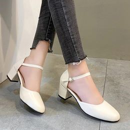 Dress Shoes Black High Heels Office Mary Jane Women Round Toe Thick Heeled Ankle Strap Pumps Woman PU Leather Summer FootwearDress