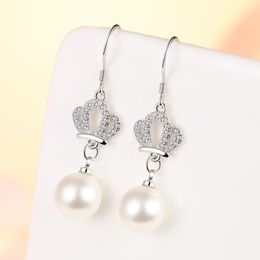 Dangle & Chandelier Vintage Lady Crystal Crown Drop Earrings For Girls Princess Accessories Fashion Silver Plated Women Pearl Earring Jewelr