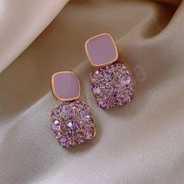 Crystal Zircon Stone Dangle Earrings for Women Luxury Purple Colour Double Square Rhinestone Korean Earrings Fashion Jewellery