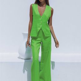 OOTN Office 2 Pieces Sets Elegant Cotton Linen VNeck Sleeveless Button Vest Outfit Summer High Waist Wide Trousers Suit Women 220704