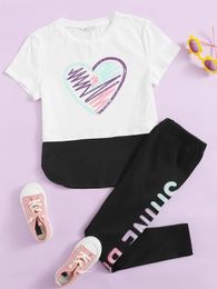 Girls Heart Print Tee & Letter Graphic Leggings Set SHE