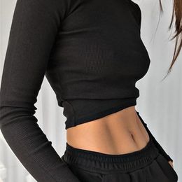 O Neck Long Sleeve Shirt Women Ribbed Sexy Cropped Tops Spring Black Casual Skinny Slim Basic Woman T Shirts White 220816