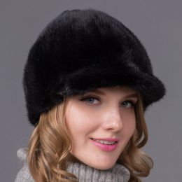 Women Real Mink Fur Riding Hats Winter Warm Cap With Wide Brim Wine Red Black