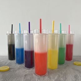 500ml Colourful Acrylic Tumbler cold chang-color Tumblers Travel Mug Double Wall Plastic Tumblers with Lid and Straw