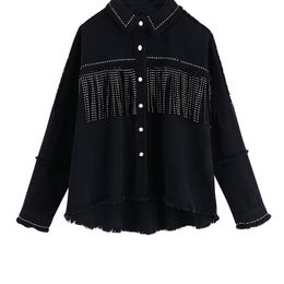 TRAF Women Stylish Tassel Beaded Oversized Denim Jacket Coat Vintage Fashion Long Sleeve Frayed Trim Outerwear Chic Loose Tops 220812