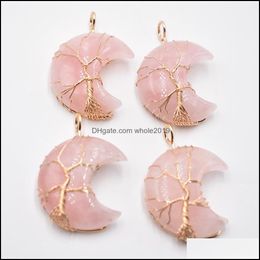 Charms Jewelry Findings Components Natural Crystal Pendant Tree Of Life Moon Shape Reiki Polished Mineral Healing St Dhe8W
