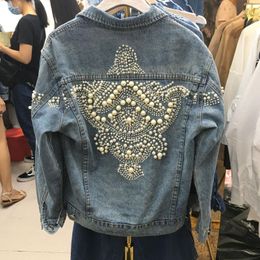 Womens Jackets Autumn Winter Pearls Embellished Denim Jacket For Women Vintage Jean Coat Bead Embroidery Outwear FemmeWomens