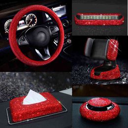 Red Rhinestone Car Interior Accessories For Women Diamond Steering Wheel Cover Crystal Car Mount Holder Keychain Tissue Box Deco J220808