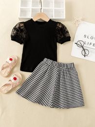 Toddler Girls Embroidery Mesh Puff Sleeve Top & Houndstooth Print Skirt SHE