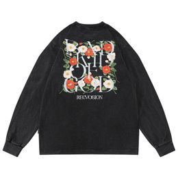 Men's T-Shirts Hip Hop Streetwear Men T Shirt Letter Flower Printed Vintage Washed 2022 Harajuku Oversized Gothic Long Sleeve TopsMen's