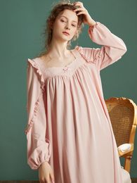 Women's Sleepwear Spring Autumn Vintage Cotton Long Nightgowns For Women Delicate Solid Colour Elegant Pregnant Dress Plus Size