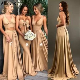 Champagne Two Pieces Fashion Bridesmaid Dresses Long Sexy V Neck Boho Wedding Guest Prom Gowns Backless Plus Size Women Maid Of Honour Formal Occasion Dress CL0822