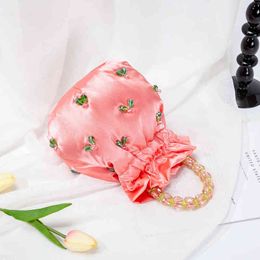 Evening Bag Beaded Handle Satin Hobo Bag Women 2022 New Korean Chic Cute Handmade Top Bucket Wallet and Handbag Bridal Wedding 220622