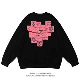 Moishe Tide Original Love Post It Notes Round Neck Sweater for Men and Women Loose Minority Design Couple Fashion