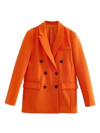 Women's Suits & Blazers Evfer Women Fashion Double Breasted Orange Long Girls Two Poclets Sleeve Straight Jackets Chic Lady Elegant OutwearW