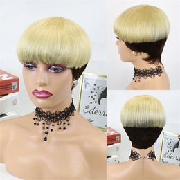 Short Straight Honey Colour Pixie Cut Wave Wig Non Lace Human Hair Wigs With Bangs For Black Women