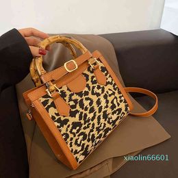 Designer-bamboo portable one shoulder leopard print small square Korean fashion messenger bag