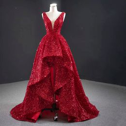 Elegant Red Prom Dress Evening Dress Deep V Neck Sequins Floor Length Lace Up Sleeveless A Line Custom Made Princess Bridal Dress Robe De Mariée