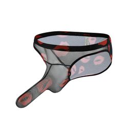 Underpants Men Lips Print Elephant Nose Brief Mesh See-Through Underwear Sexy Briefs Panties Long Penis Erotic LingerieUnderpants