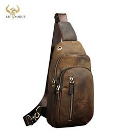 Men Original Leather Casual Fashion Chest Sling Bag Brown Design Travel Triangle One Shoulder Cross body Bag Daypack Male 8005d 201118