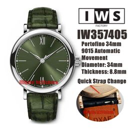 IWSF Top Quality Watches 34mm Stainless Steel Miyota 9015 Automatic Womens Watch 357405 Green Dial Quick Release Leather Strap Ladies Sports Wristwatches