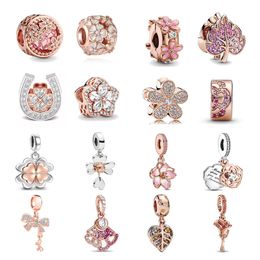 New 925 Sterling Silver Fashion Pendant for Original Pandora Jewellery Exquisite Rose Gold Lucky Clover Pendant Flower Collection Beads