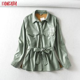 Tangada Women Light Green Faux Leather Jacket Coat with BeltLadies Long Sleeve Loose Oversize Boy Friend Coat L220801
