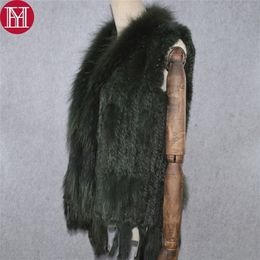 Party Luxury Women Real Rabbit Fur Gilet Real Genuine Rabbit Fur Vests Coat Knit Quality Tassels Real Raccoon Fur Waistcoat 201214
