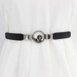 Belts Women Fashion Belt Elastic Waistband Rose Flower Black Circle Buckle Small Thin Cummerbund GiftsBelts