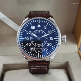 No Logo Style 44mm Manual Mechanical Men's Watch Black Dial Super Luminous ST3621 Movement Coffee Strap Wristwatches