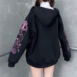 Harajuku Zip Up Hoodie Punk Goth Long Sleeve Printed Sweatshirt Autumn Streetwear Oversized Black Female Jacket 220804