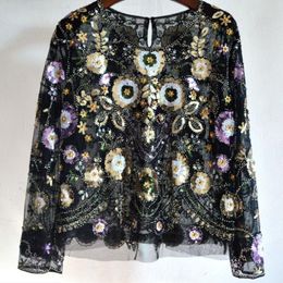 Women's Blouses & Shirts Flower Sequined Blouse Tops Spring O-neck Long Sleeve Short Lace BlouseWomen's