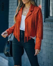 Women's Jackets Faux Suede Tassel Jacket Womens Vintage Lapel Long Sleeve Fringe Cropped Hippie Motor Biker Cardigan Outwears 2022