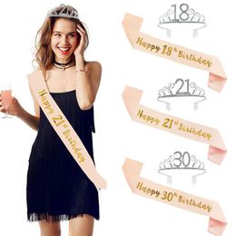 birthday sash for adults UK - Party Decoration Happy Birthday 18th 30th 40th 50th Rose Gold Satin Sash Crystal Crown Tiara Adult Anniversary SuppliesParty