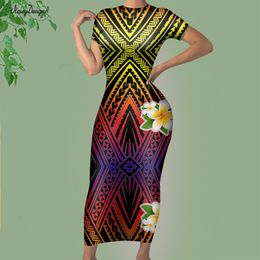 Noisydesigns Woman Sexy Bodycon Dress Hawaii Polynesian Hibiscus Flower Printing Lady Short Sleeves Casual Robe Longue 220627