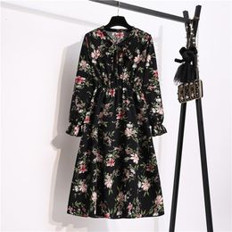 Korean Chiffon Spring Summer Dress Women Vintage Floral Printed V-neck Elastic Waist Fashion Beach Midi Sundress Vestidos 220418