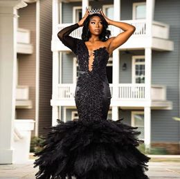Luxury Black Mermaid Prom 2022 For Black Girls Beading Feathers One Shoulder Graduation Sexy Evening Dress Formal Gowns robes de soirée