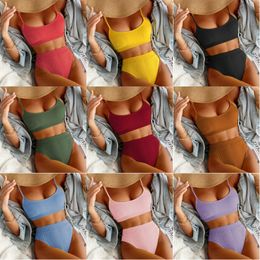 Women Bikini Swimsuit Solid Colored High Waisted Two Piece Sexy Swimsear with Adjustable Spaghetti Straps