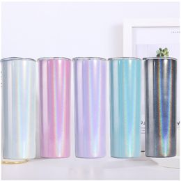 Wholesale 20oz Sublimatioin Glitter Skinny Tumbler With Lid Straw Rainbow Wine Mugs Double Wall Vacuum Insulated Stainless Steel 210409