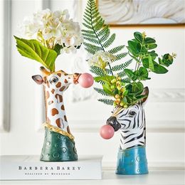 New Modern Head Resin Succulent Vase Flower Pot Hand Painting Giraffe/Zebra/Bear/Panda Blowing Bubbles Animal Bust Figure 201210