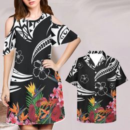 Kadın Yaz Elbiseleri ve Erkek Gömlek Çift 4xl Boho Giyim Siyah Çiçek Bohem Plumeria Desen Vestido De Noche 220627