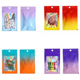 100pcs lot Gradient Colour Flat Zipper Bags Aluminium Foil Pouch Cosmetics Gift Retail Bags with Hang Hole