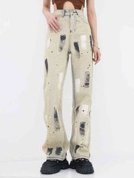 Splashed Ink Painted Graffiti Light Colour Jeans Women's American Neutral Trousers Casual Loose Wide-leg Straight Pants Female T220728