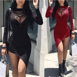 Sexy Women's Bodycon O Neck Long Sleeve Hallow Out Party Evening Mini Short Irregular Pencil Dress Vestidos Dresses For Women 220513