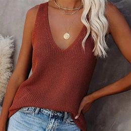 Summer Solid Color Fashion Camisole Ice Silk Knitted Women Sleeveless Cotton V-Neck Loose Splice T-Shirt Female 220318