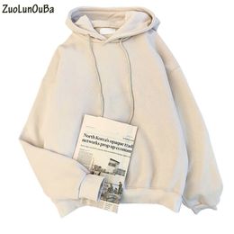 ZuoLunOuBa Autumn Winter Women Casual Solid Colour Hoodie Sweatshirt Fleece Longsleeved Pullover Beige Loose Tops Coat Women 220815