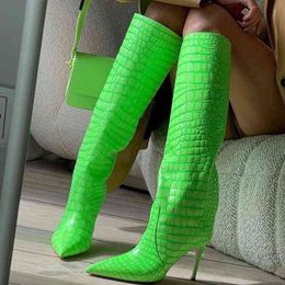 Women Boots Fluorescent Green Stone Pointed Toe Slip on Knee High Sexy Ladies Stiletto Heels Shoes Long Boot 0719