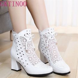 GKTINOO Women Boots Genuine Leather Ankle Boots Lace Summer Boots Zapatos Chaussures Femme Square High Heel Women Shoes 201102