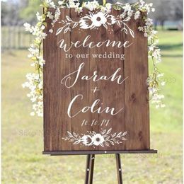 Flowers Wooden Board Sign Decals Welcome To Our Wedding Custom Name Date Personalised Vinyl Decor Waterproof LC9 220621